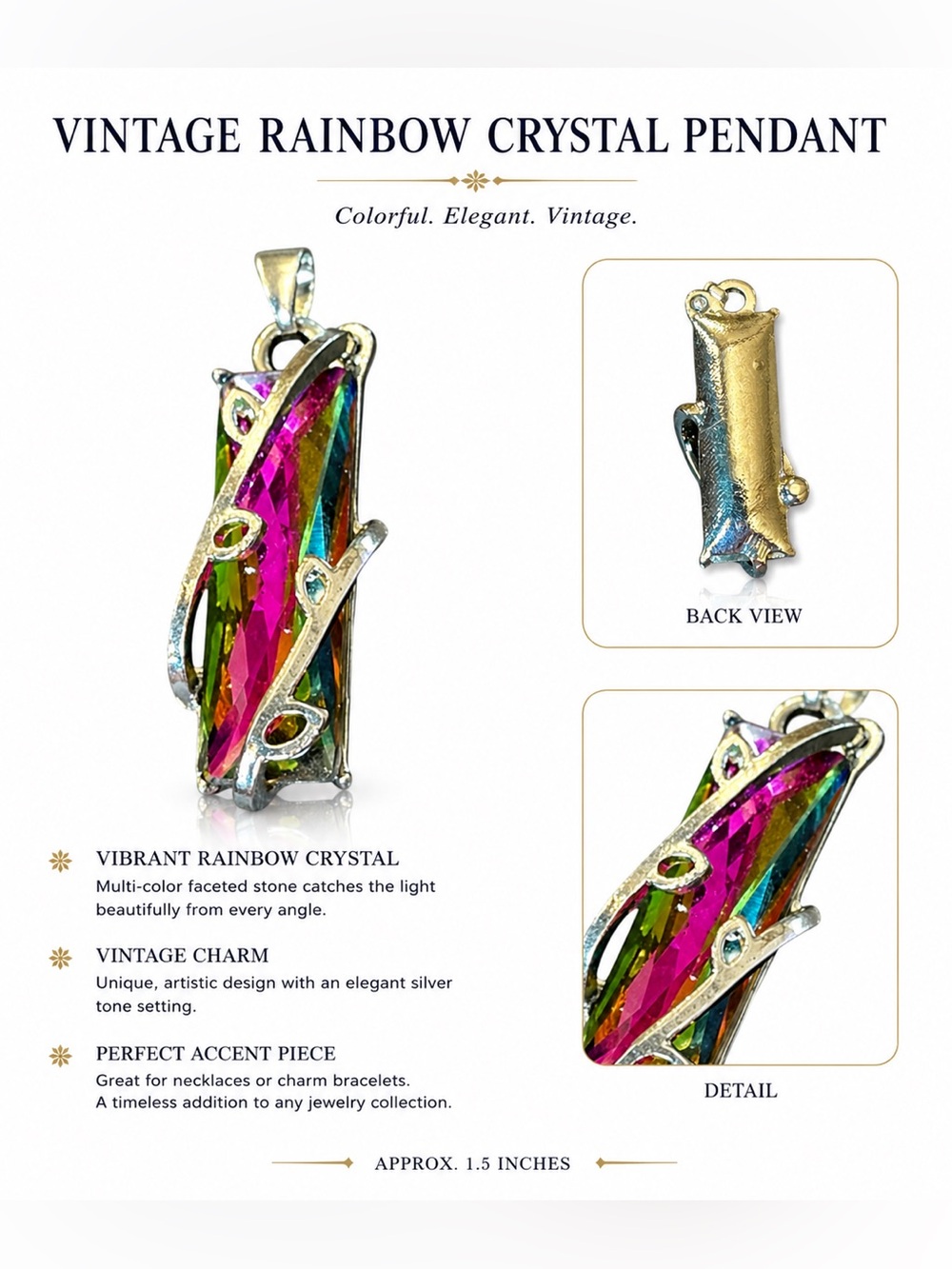 Vintage Rainbow Crystal Pendant Multicolor Faceted Prism Silver Tone Charm